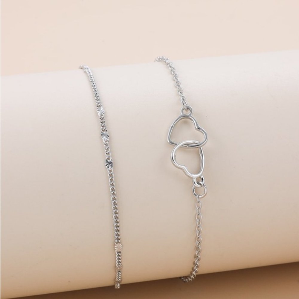 2pcs Heart Decor Bracelet Silver For Women Wedding Party - Picture 1 of 5